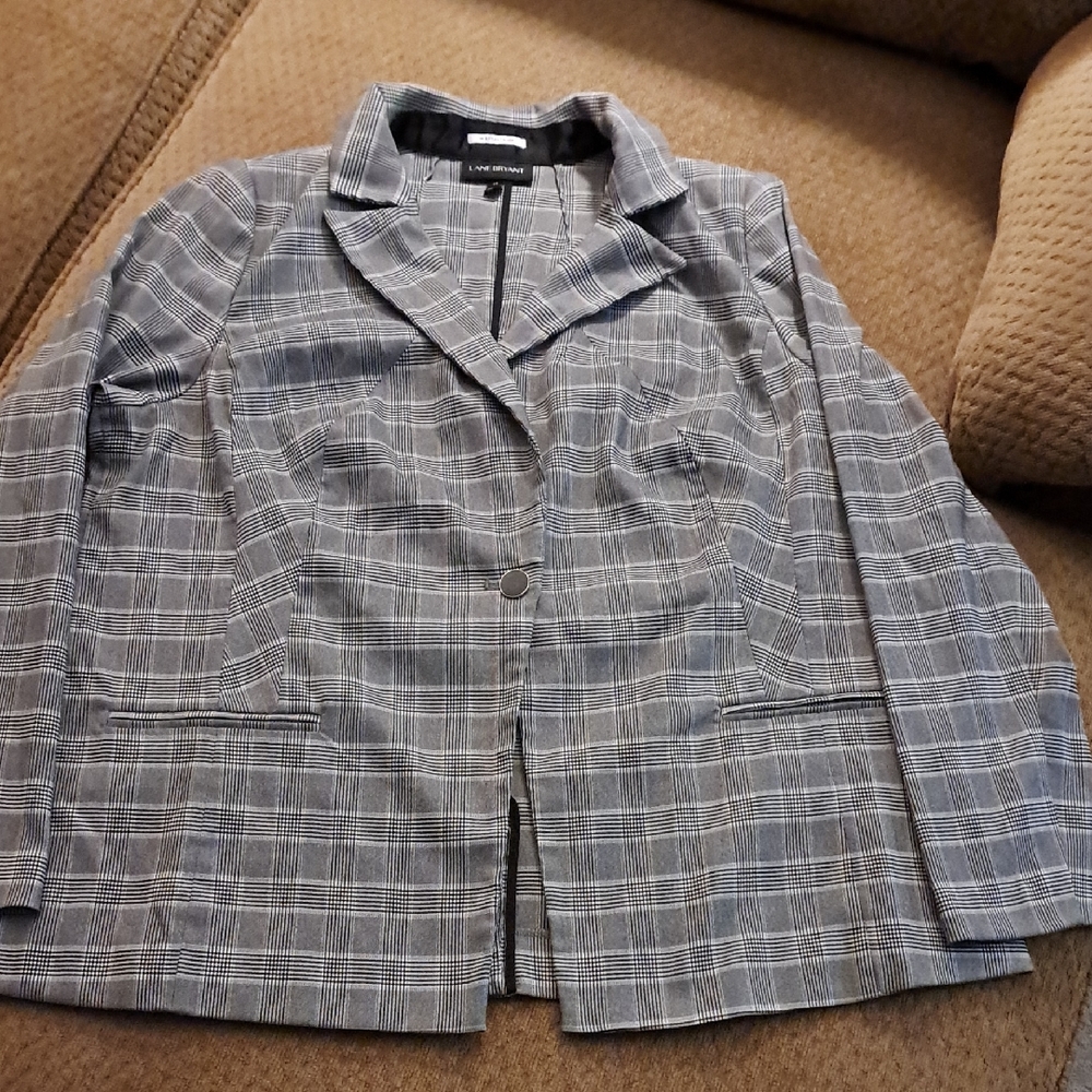 Lane Bryant Black White Plaid One Button Notched Lapel Blazer Size: 18